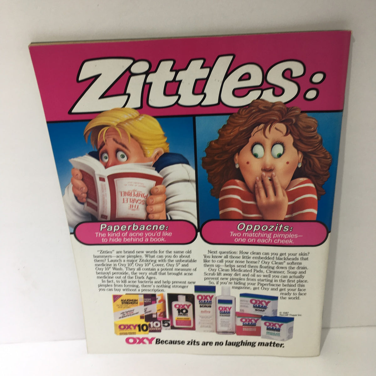 Zittles advertisement showcasing humorous illustrations of acne situations, underlining the campaign message for OXY skincare products.