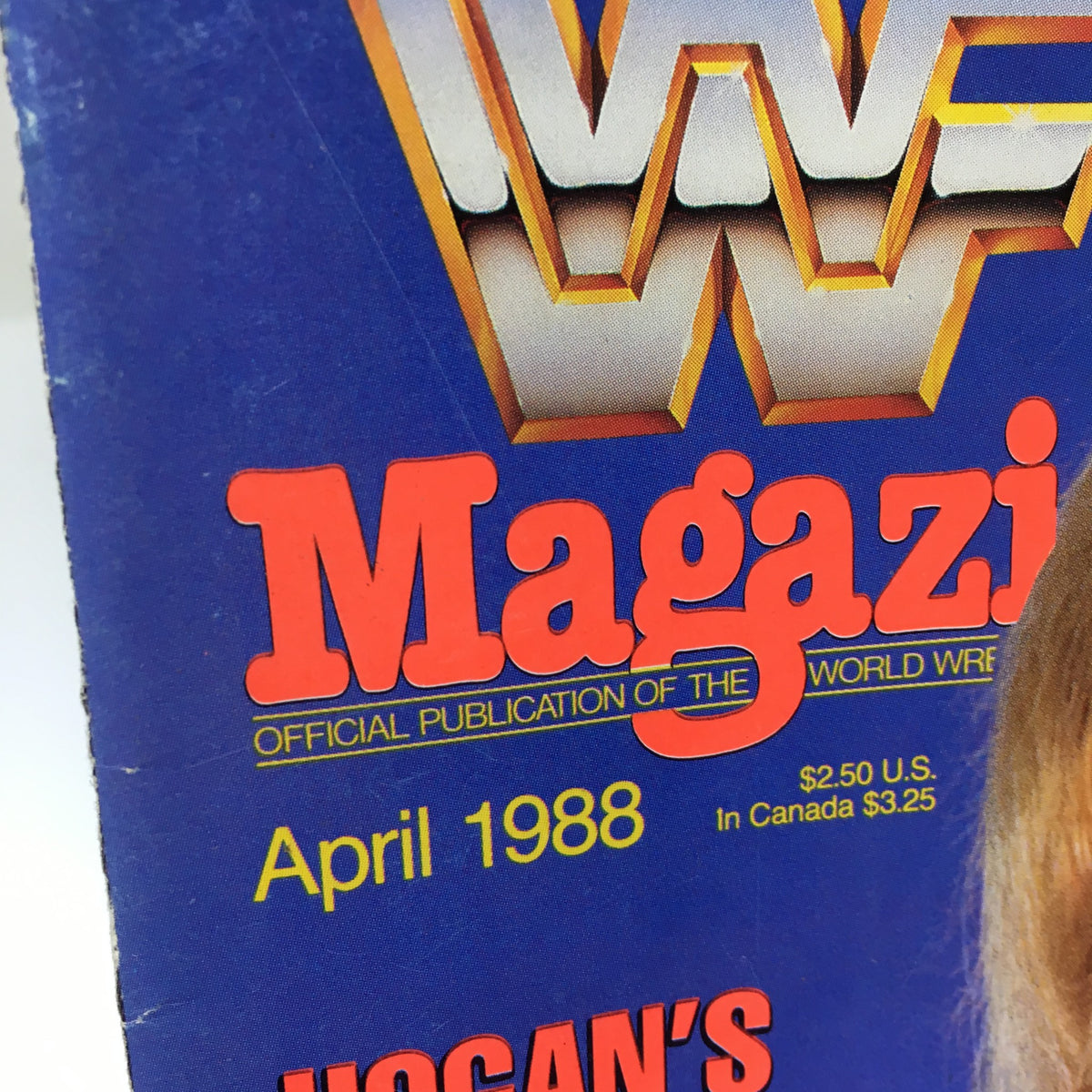 Close-up of the WWF Magazine title and date from April 1988, highlighting 'Hogan's Title Stolen - Wrestle Mania IV Inside Details'.