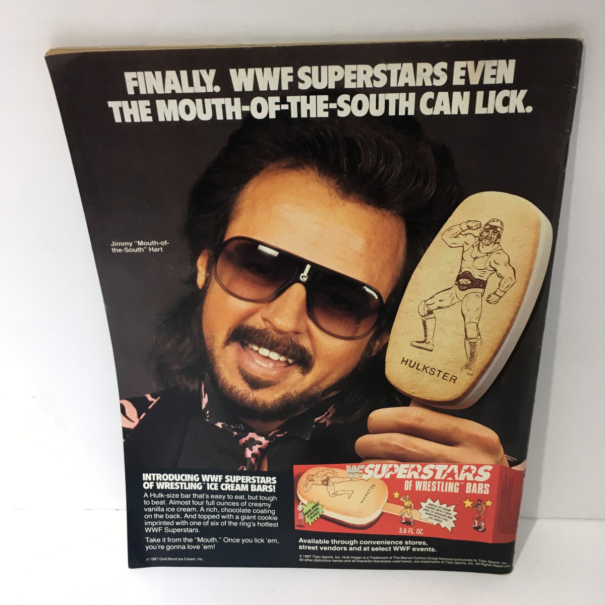 Back cover of WWF Magazine from April 1988, advertising WWF Superstars ice cream bars featuring Jimmy 'Mouth-of-the-South' Hart and a Hulkster-themed ice cream treat.