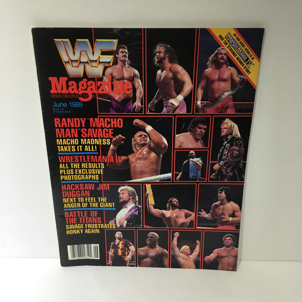 WWF Magazine featuring Randy 'Macho Man' Savage, June 1988. Cover showcases images from Wrestlemania IV and highlights of wrestling stars.