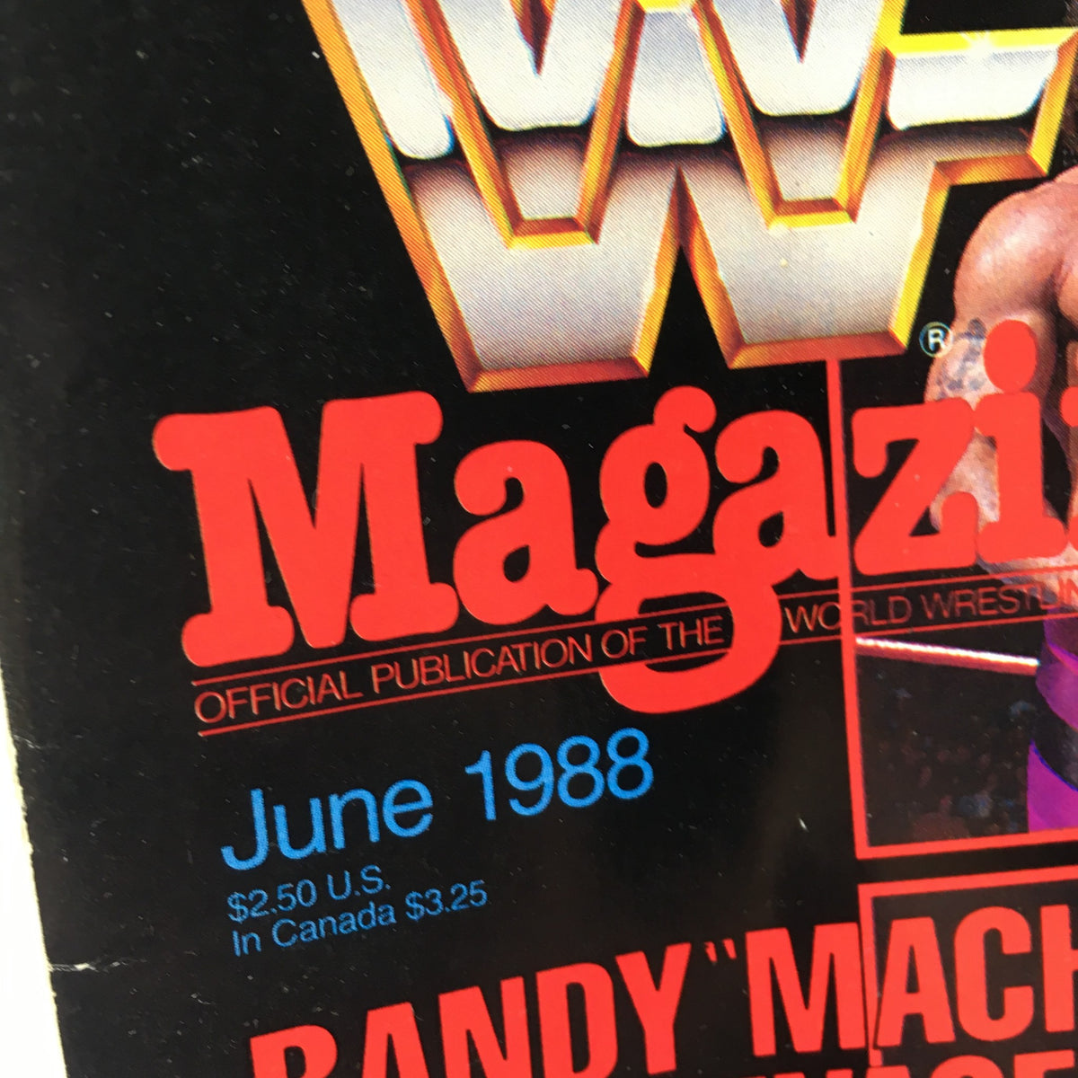 Close-up of the title and publication date on the WWF Magazine featuring Randy 'Macho Man' Savage, June 1988.