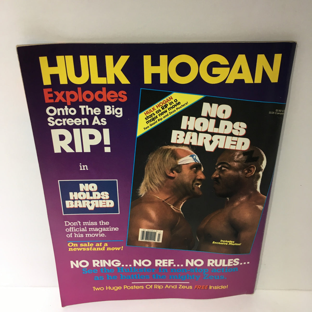 Front cover of WWF Magazine featuring Hulk Hogan, prominently displaying his movie 'No Holds Barred' and two huge posters included inside. July 1989 issue.