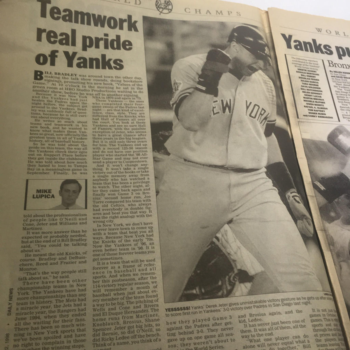 Article excerpt from the New York Daily News discussing teamwork and pride of the Yankees after they swept the San Diego Padres in the World Series on October 22, 1998.