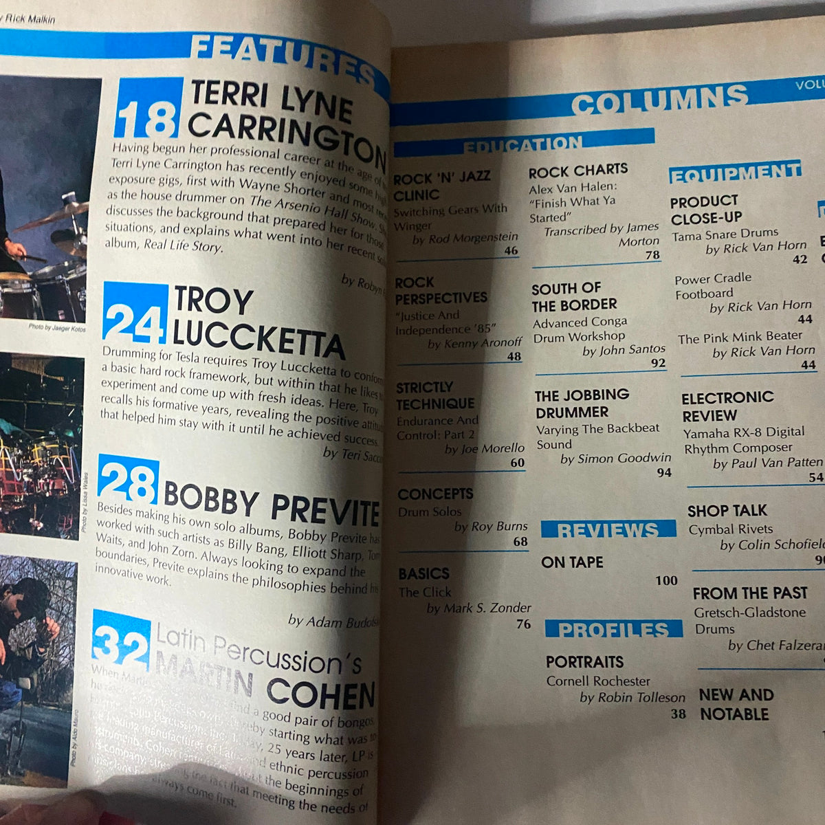Interior page from Modern Drummer Magazine September 1989 highlighting features on Terri Lyne Carrington and other drummers.