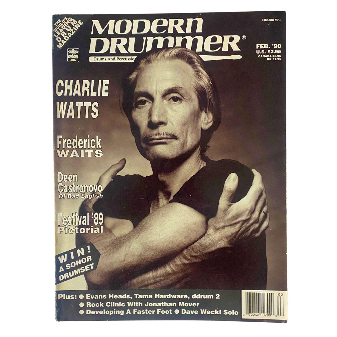 Modern Drummer Magazine February 1990 featuring Charlie Watts and Frederick Waits on the cover. The magazine showcases renowned drummers, highlighting their artistic influences and techniques in the drumming scene of the late 80s and early 90s.