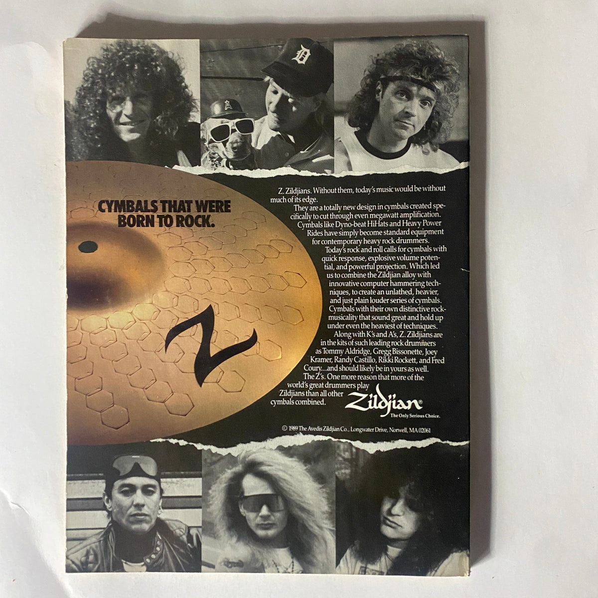 Back cover of Modern Drummer Magazine February 1990 advertising Zildjian Cymbals with a collage of featured drummers, emphasizing their connection to rock music.