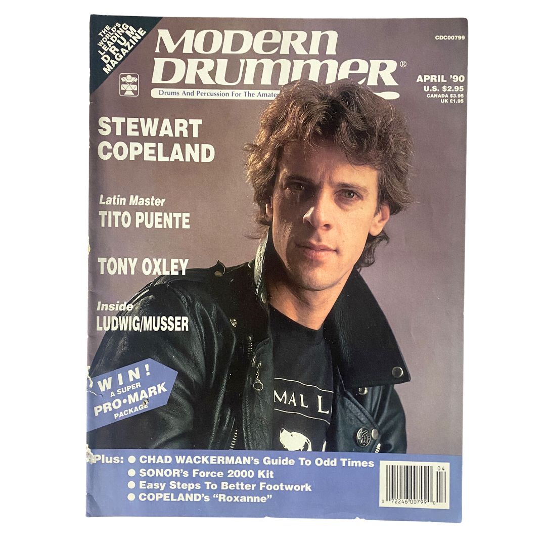 Cover of Modern Drummer Magazine April 1990 featuring Stewart Copeland, Tito Puente, and Tony Oxley with key highlights and articles related to drumming.