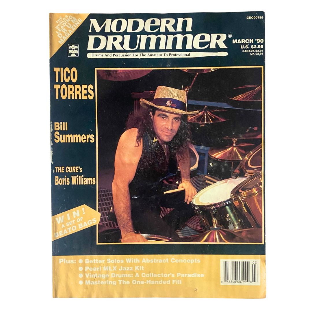 Cover of Modern Drummer Magazine March 1990 featuring Tico Torres and Bill Summers, showcasing drumming highlights and articles from the early '90s.