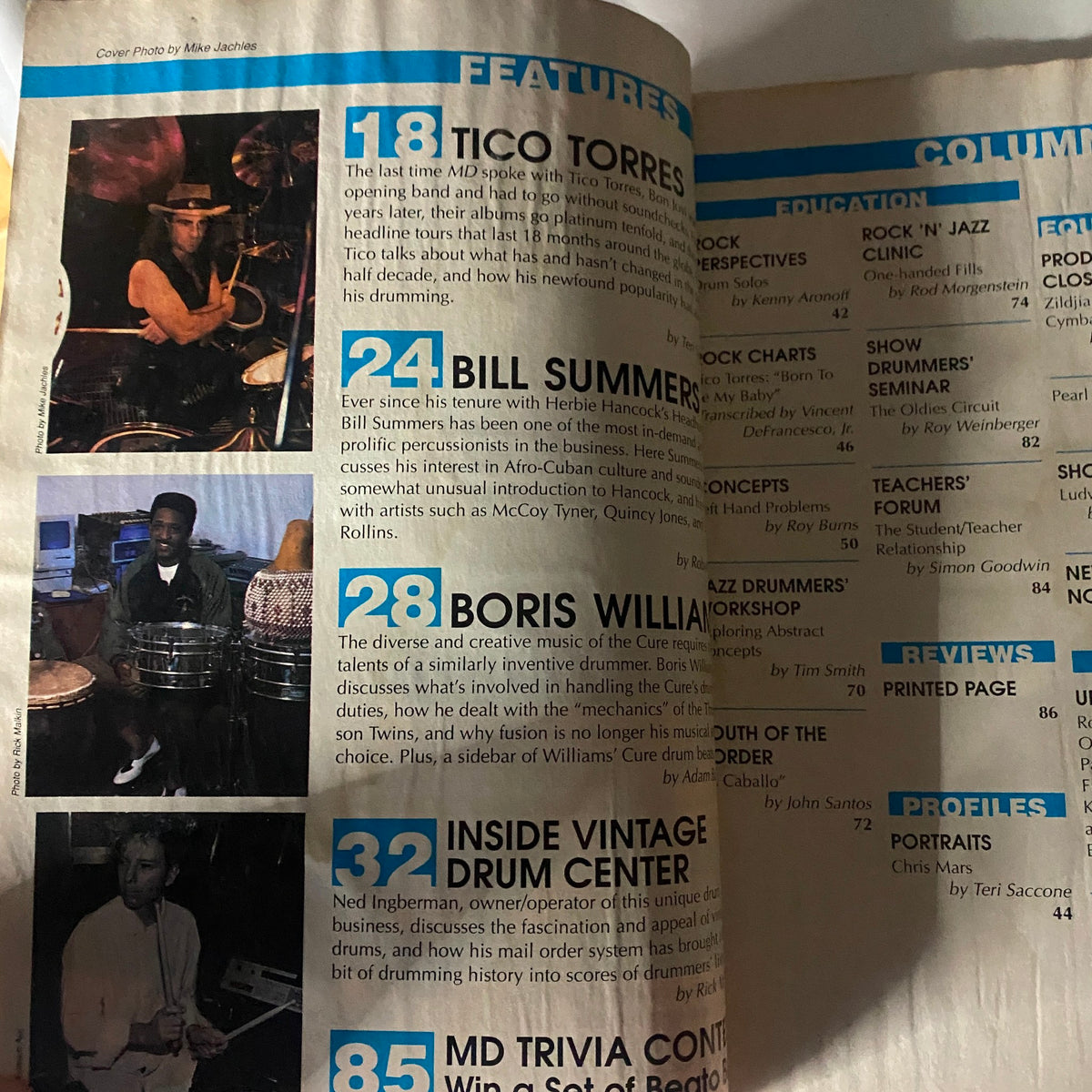 Inside pages of Modern Drummer Magazine March 1990, featuring sections with Tico Torres, Bill Summers, and Boris Williams, providing insights into their drumming techniques.