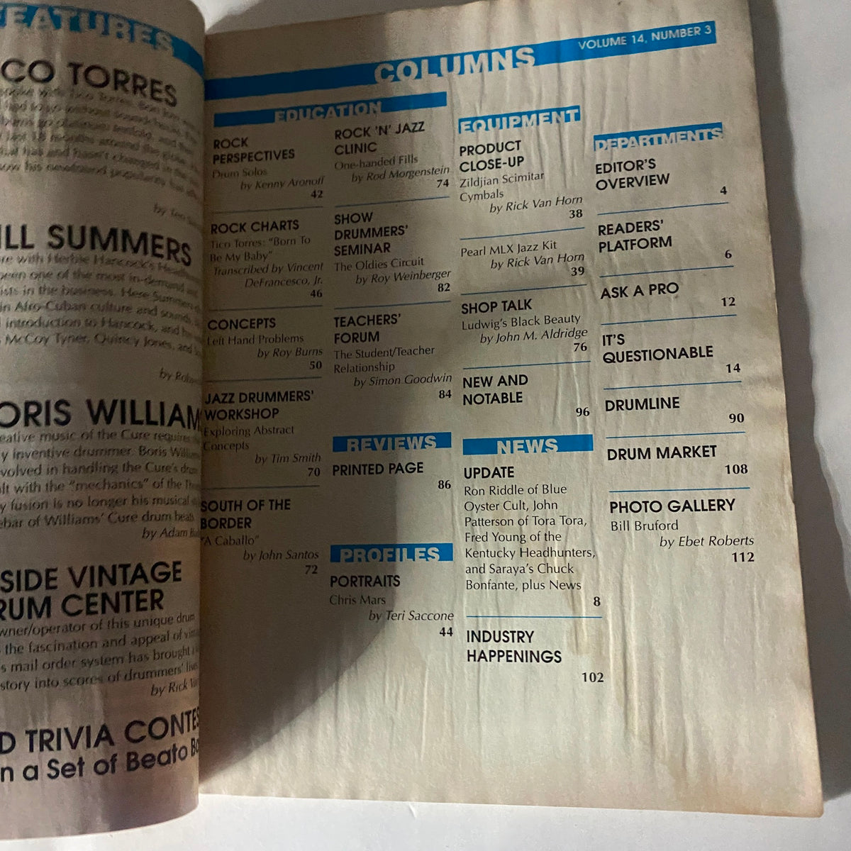 Additional inside pages from Modern Drummer Magazine March 1990, highlighting articles and columns related to drumming education and profiles of prominent drummers.