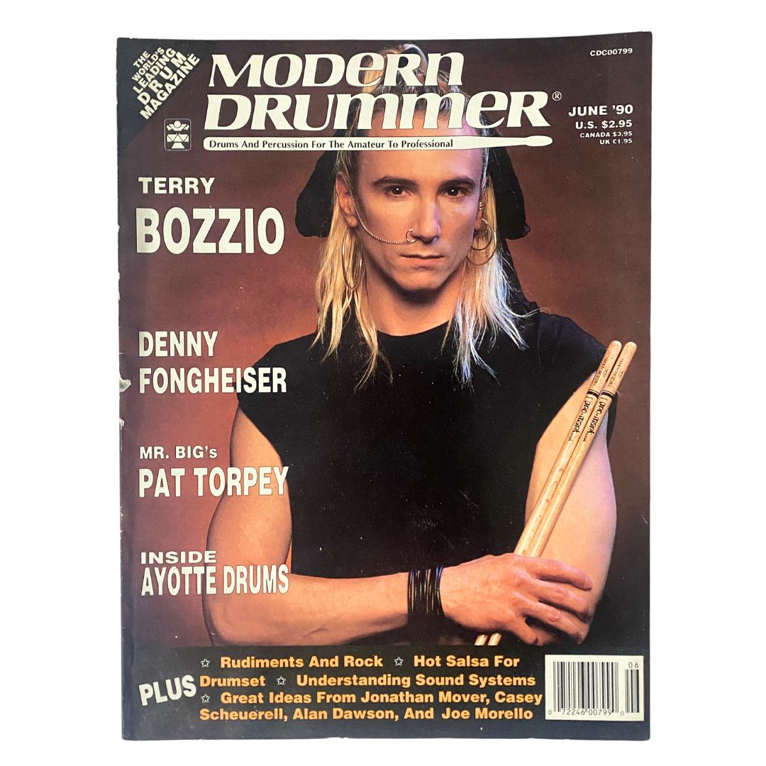 Cover of Modern Drummer Magazine June 1990 featuring iconic drummers Terry Bozzio and Denny Fongheiser, and additional content on Pat Torpey and Ayotte Drums.