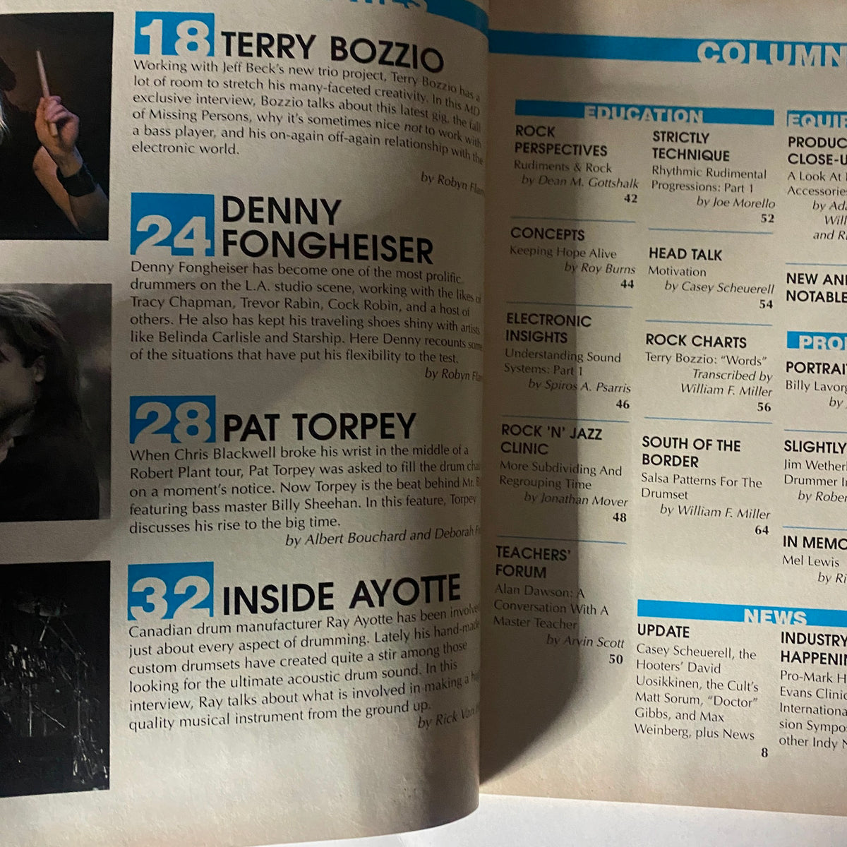 Inside page of Modern Drummer Magazine June 1990 showcasing features on drummers Terry Bozzio and Denny Fongheiser, with article highlights.