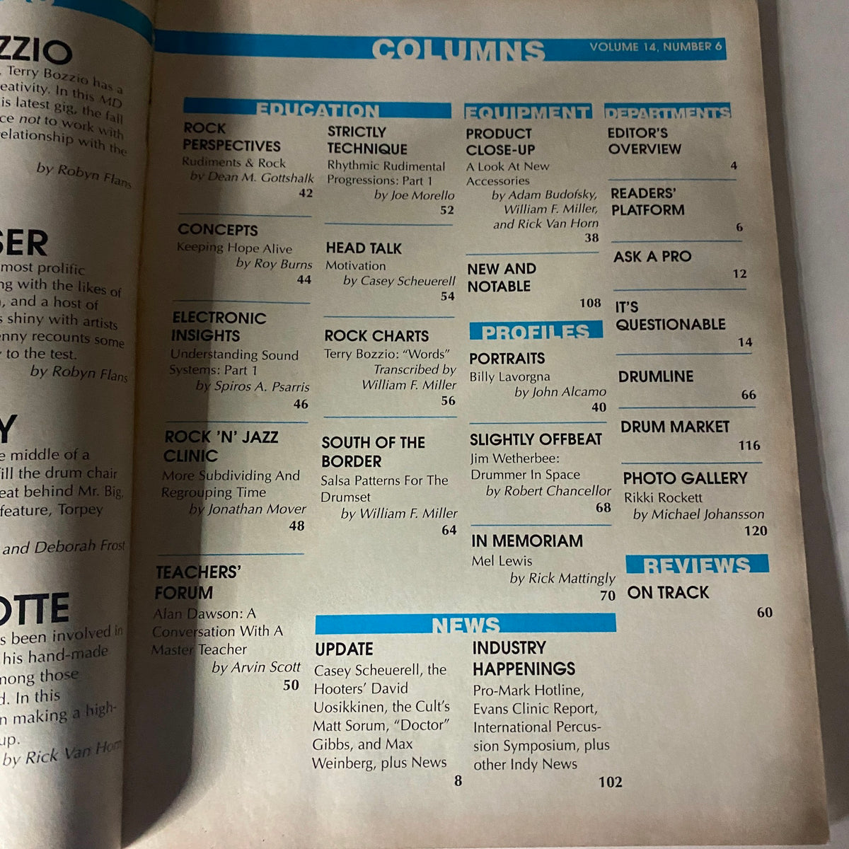 Another inside page of Modern Drummer Magazine June 1990, detailing educational columns and profiles related to drummers and drumming techniques.