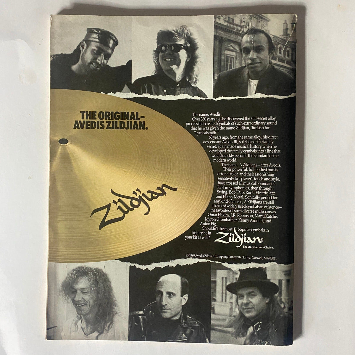 Back cover of Modern Drummer Magazine June 1990 featuring Zildjian cymbals advertisement, showcasing famous drummers and explaining Zildjian's history and cymbal production. This magazine features Terry Bozzio and Denny Fongheiser, highlighting the significance of drumming in music history.