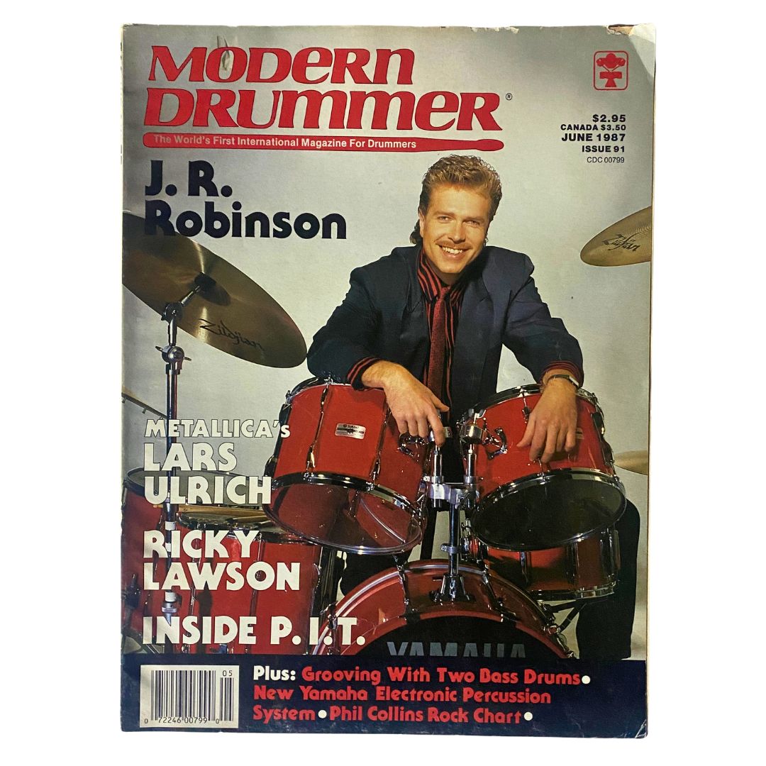 Modern Drummer Magazine June 1987 cover featuring J.R. Robinson, a well-known drummer, along with highlights of Lars Ulrich. This collectible issue showcases prominent drumming talents and the music industry of the 1980s.