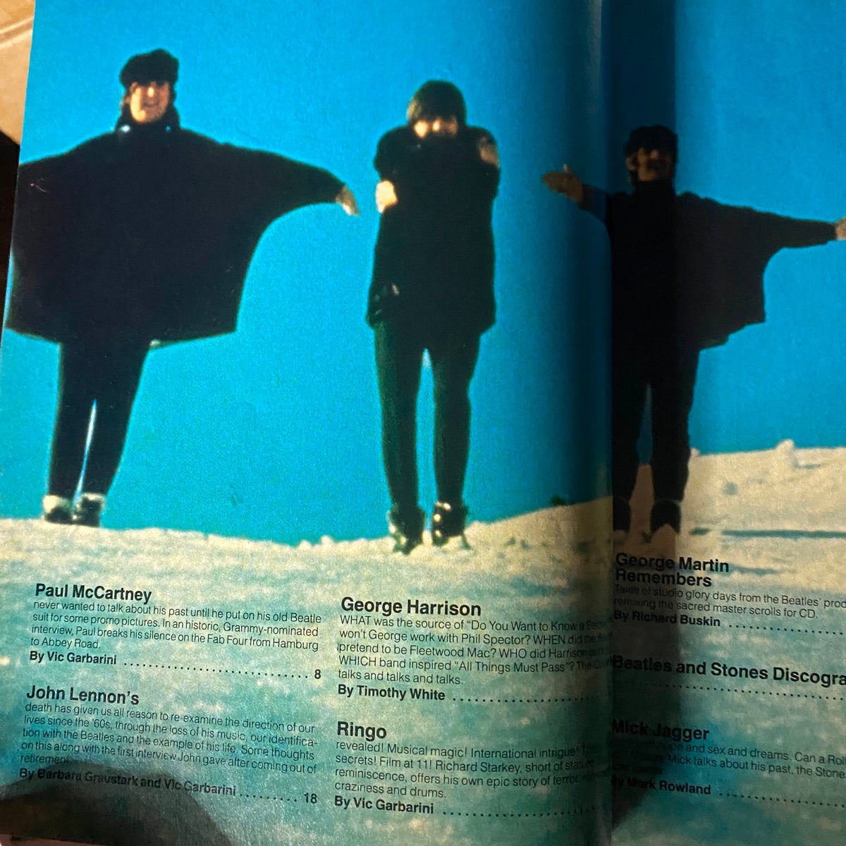Inside page of the Musician Magazine 1988 Beatles Rolling Stones Special Collectors Edition showcasing Paul McCartney and George Harrison, detailing their contributions and memories in the rock music scene.