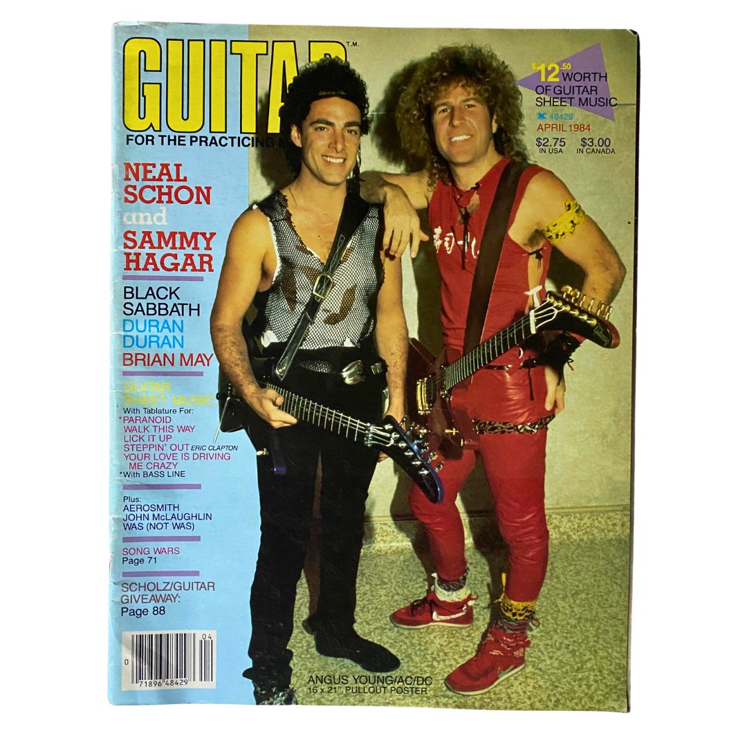 Cover of VTG Guitar Magazine April 1984 featuring musicians Neal Schon and Sammy Hagar, with a prominent mention of Angus Young and AC/DC, showcasing vintage rock culture.