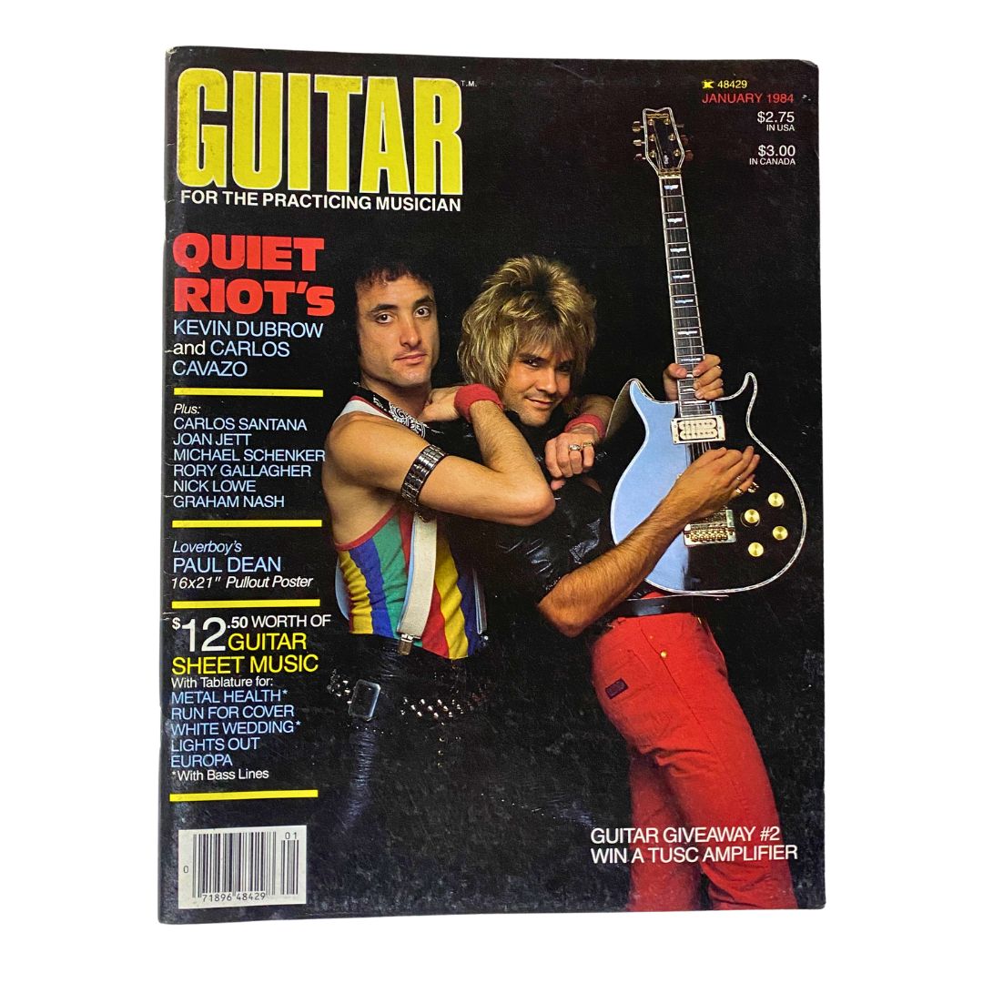 Cover of VTG Guitar Magazine January 1984 featuring Quiet Riot's Kevin Dubrow and Carlos Cavazo. The magazine showcases vibrant rock aesthetics and includes details about notable musicians inside.