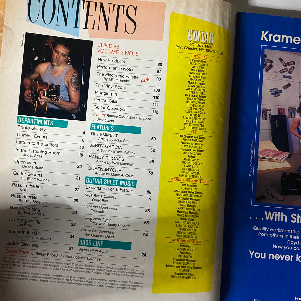Inside contents page of VTG Guitar Magazine June 1985, highlighting features on Randy Rhoads, Rik Emmett, and Jerry Garcia, alongside a detailed index and various sections of interest in music and guitar.