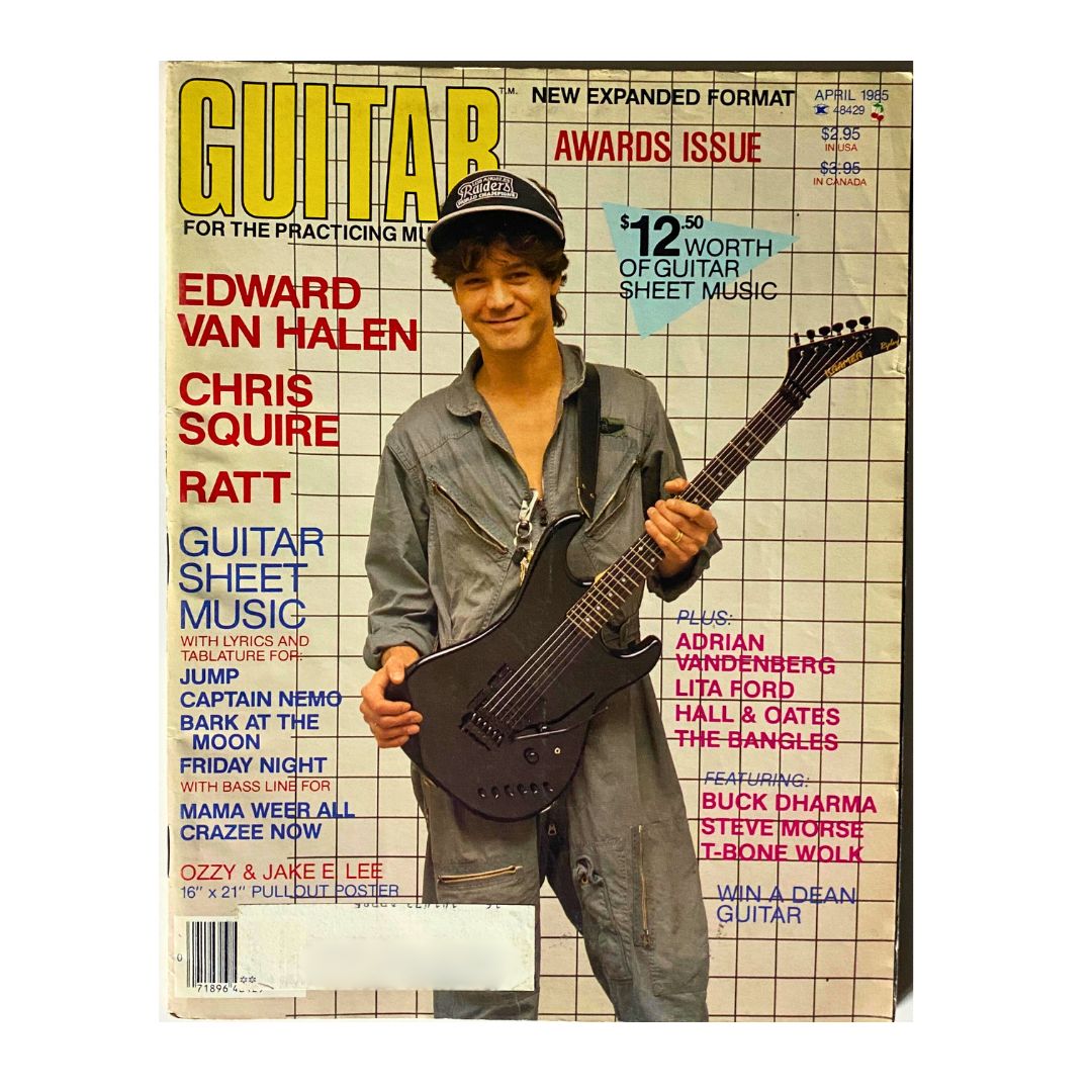 VTG Guitar Magazine April 1985 cover featuring Edward Van Halen playing guitar, highlighting the awards issue with Chris Squire and Ratt.