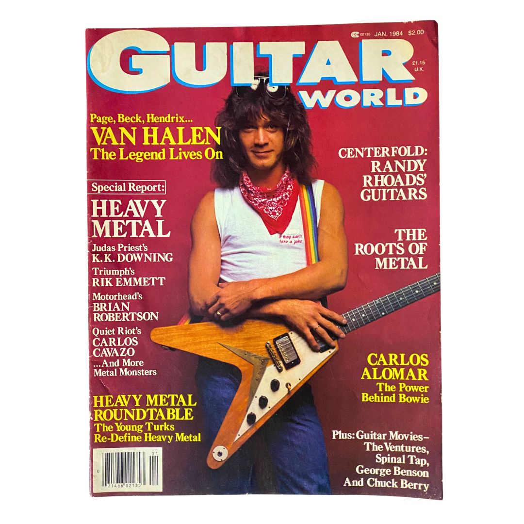 Guitar World Magazine Cover for January 1984 featuring Eddie Van Halen, showcasing the iconic musician with a guitar, surrounded by headlines about rock music and heavy metal.