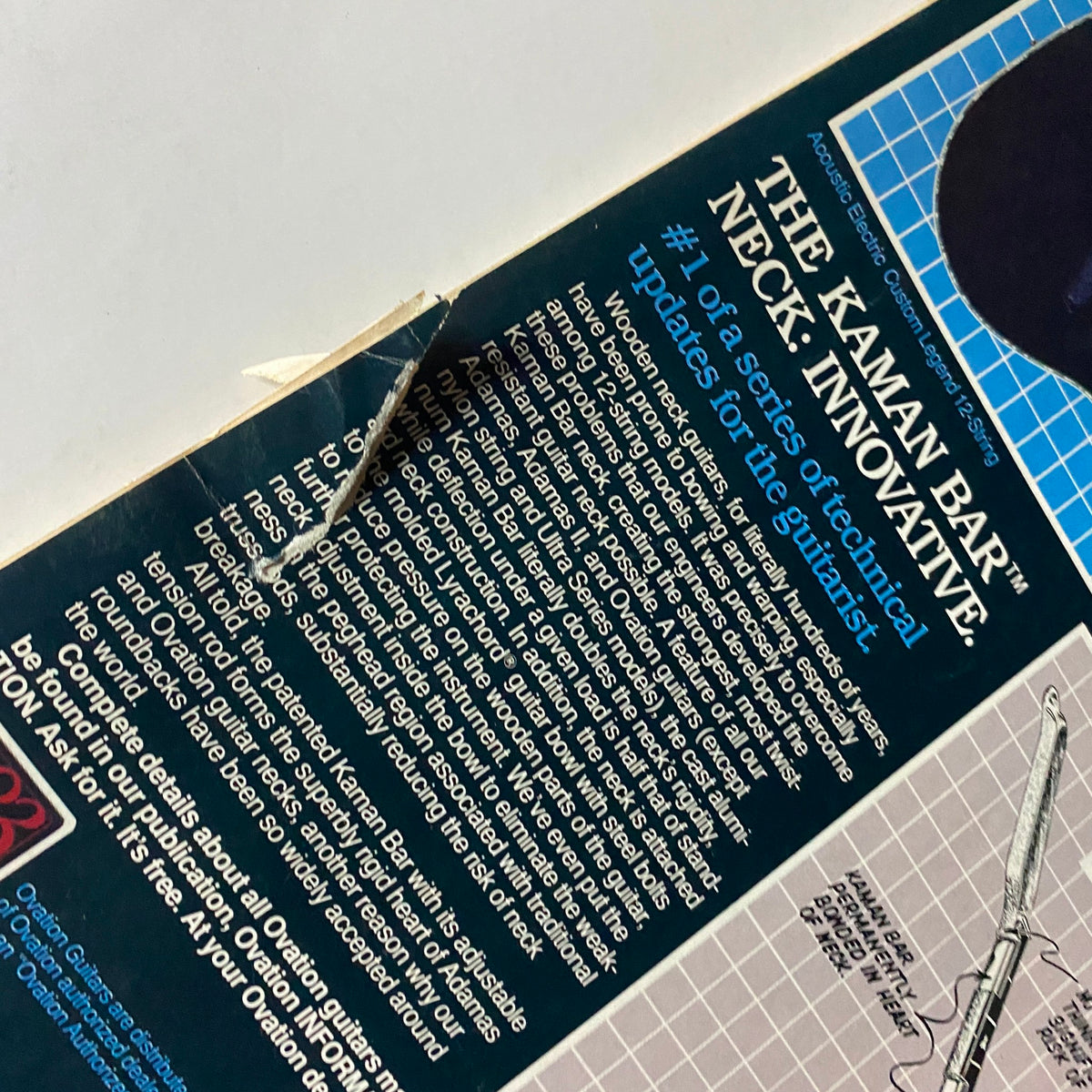 Close-up of the back cover of Guitar World Magazine January 1984, highlighting the Ovation Kaman Bar neck with technical updates for guitarists.