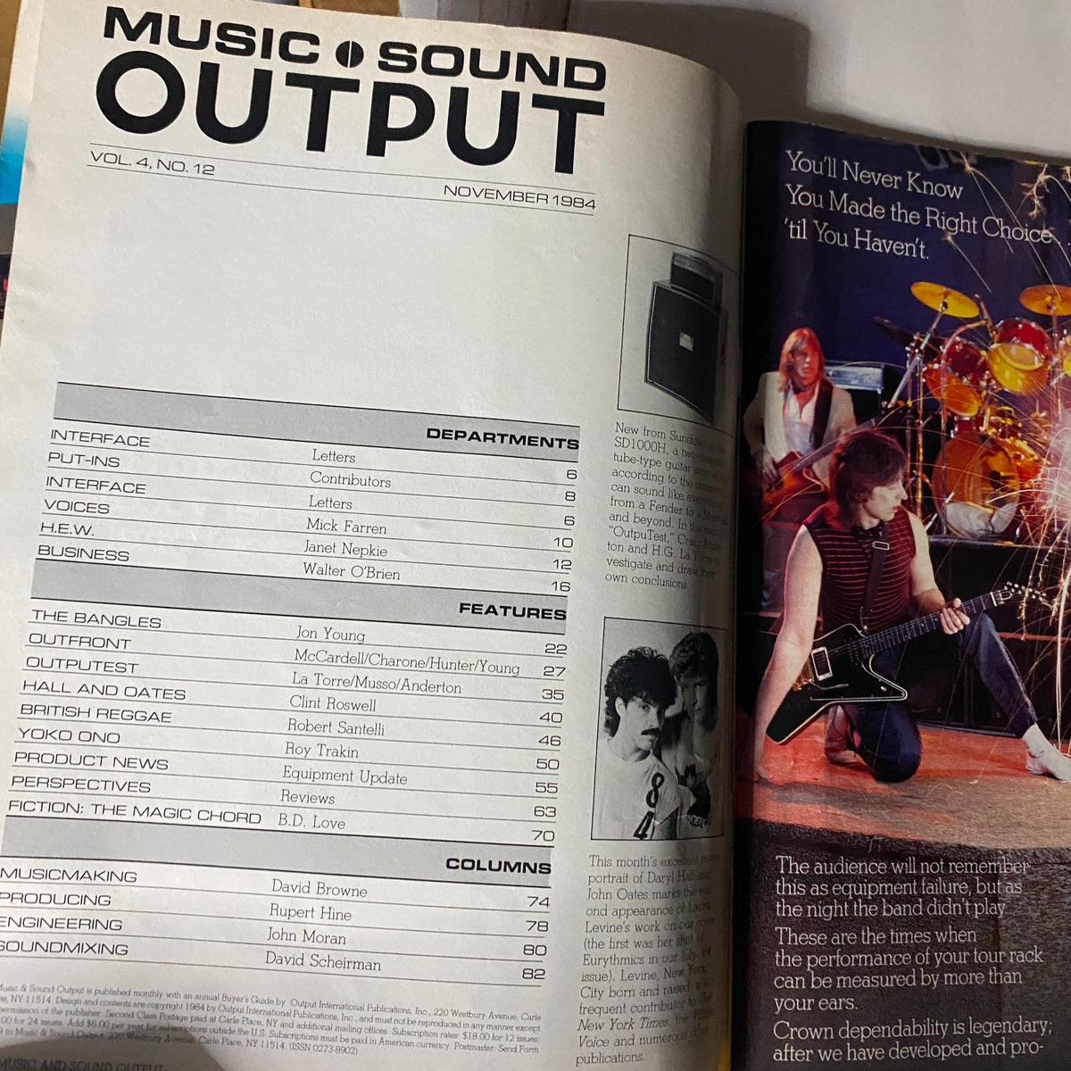 Inside content of the VTG Music & Sound Output Magazine from November 1984 featuring Daryl Hall & John Oates, includes departments, features, and articles related to music industry trends of the 1980s.
