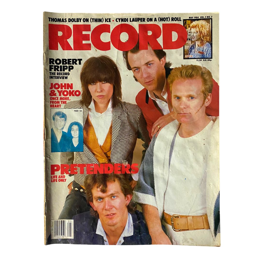 Cover of VTG Record Magazine May 1984 Vol 3 No. 7 featuring John Lennon and Yoko Ono, with a vibrant red title and images of other artists.