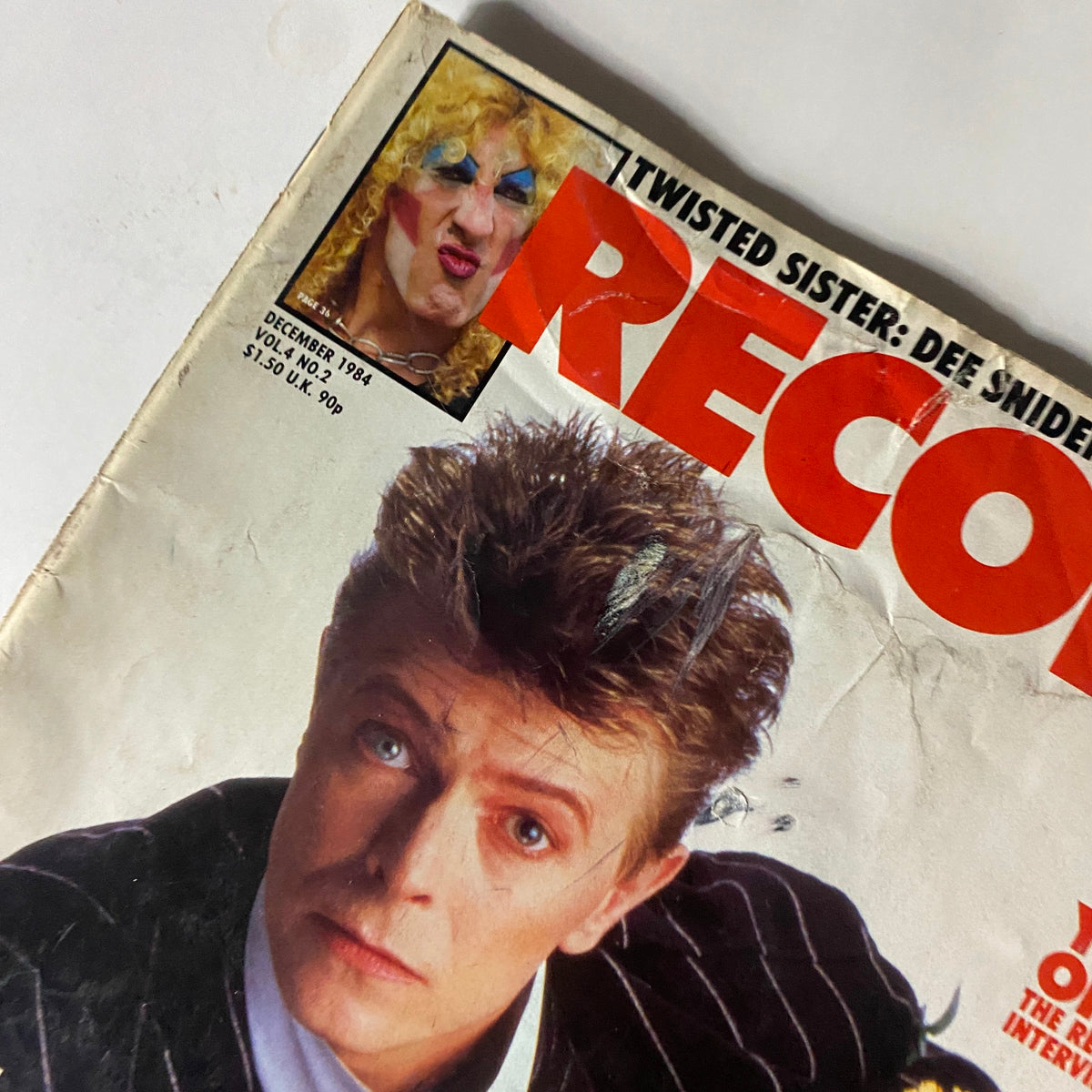 Close-up of the cover of VTG Record Magazine December 1984 Vol 4 No. 2, prominently displaying David Bowie and Twisted Sister.