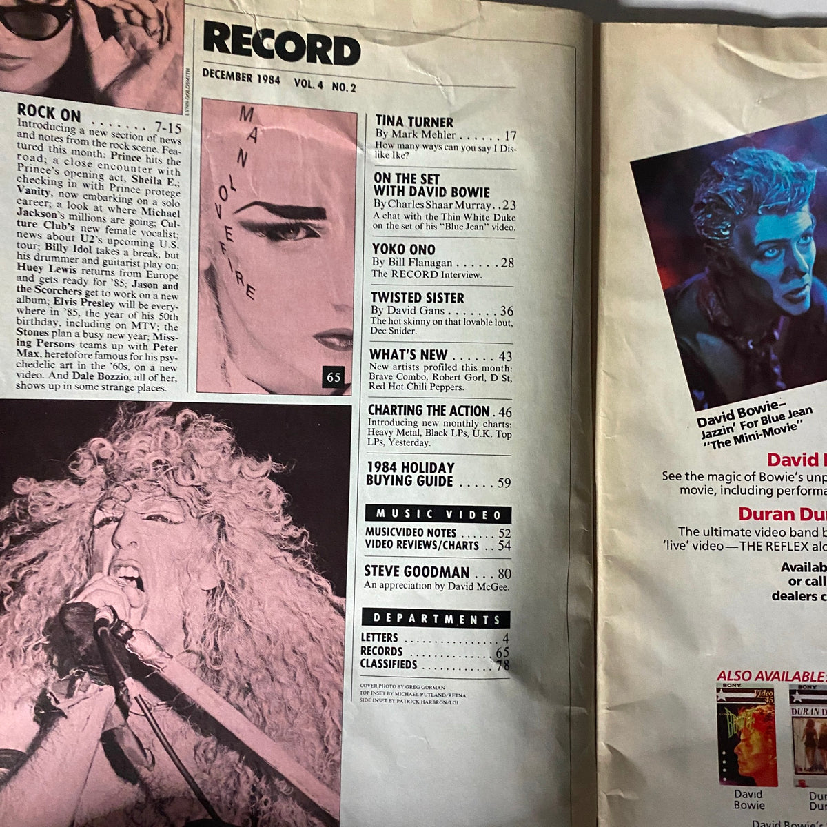Inside pages of VTG Record Magazine December 1984 Vol 4 No. 2 including a table of contents highlighting David Bowie and other artists.