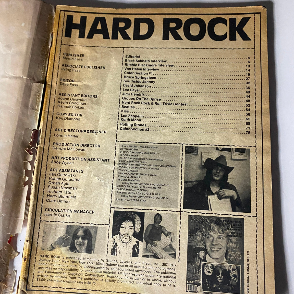 Inside page from VTG Hard Rock Magazine January 1979 showing the editorial section, listing contributing editors and articles about popular rock bands.