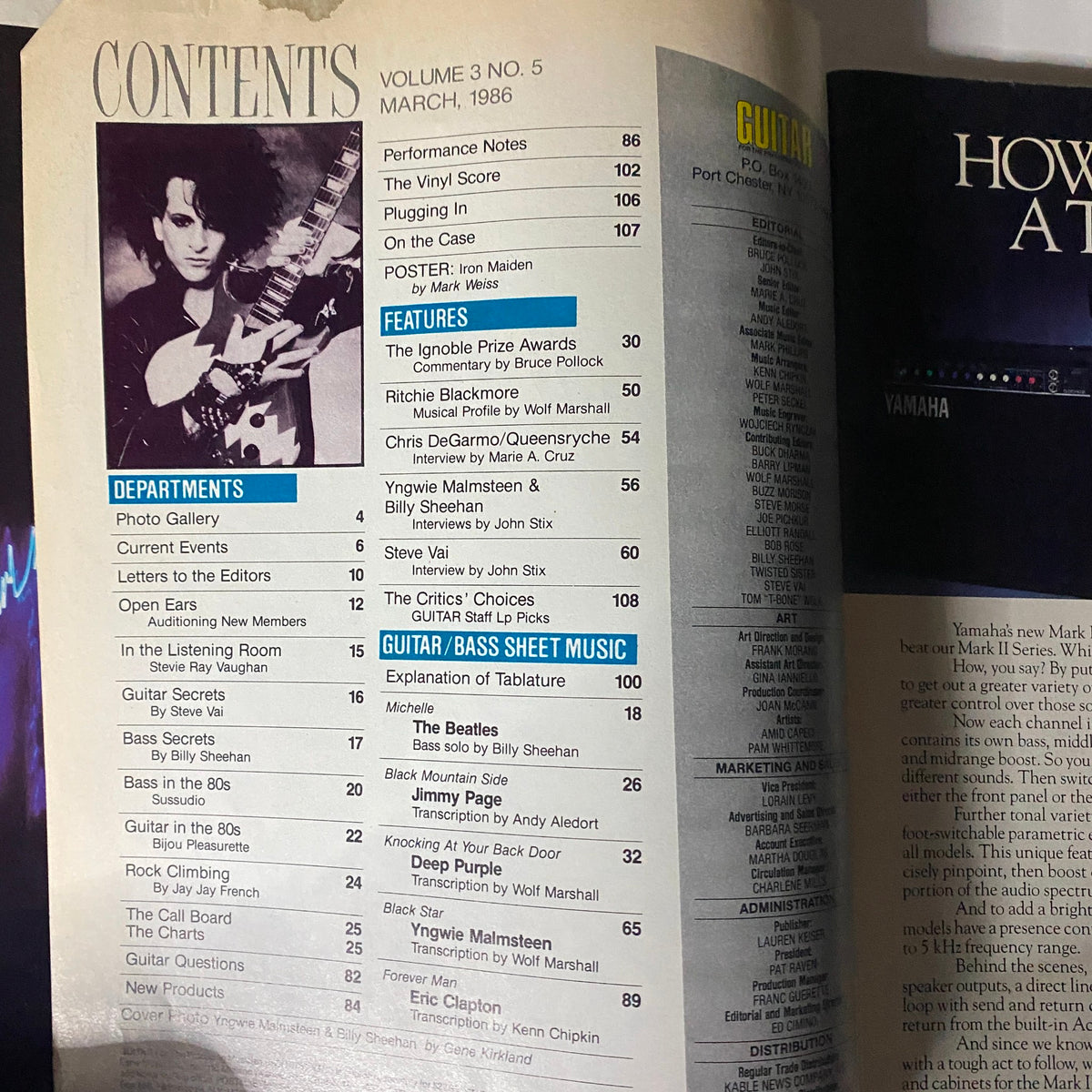 Contents page of Guitar Magazine March 1986, listing features including interviews with Yngwie Malmsteen and Billy Sheehan.