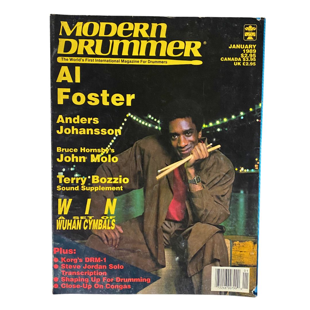 Cover of VTG Modern Drummer Magazine January 1989 featuring Al Foster and Anders Johansson, showcasing highlights and drum-related content.