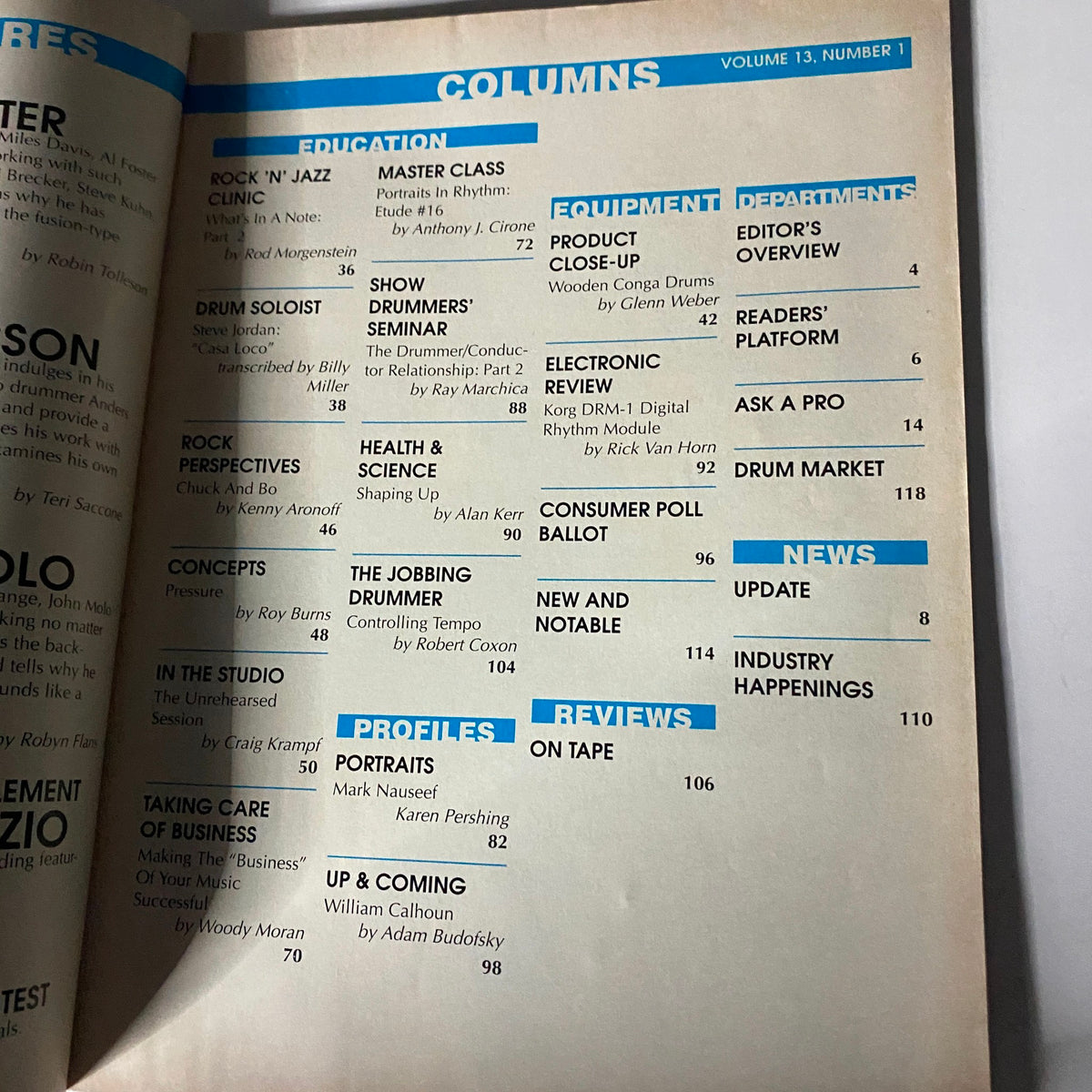 Another interior page of VTG Modern Drummer Magazine January 1989 displaying additional content and columns related to drumming education and techniques.