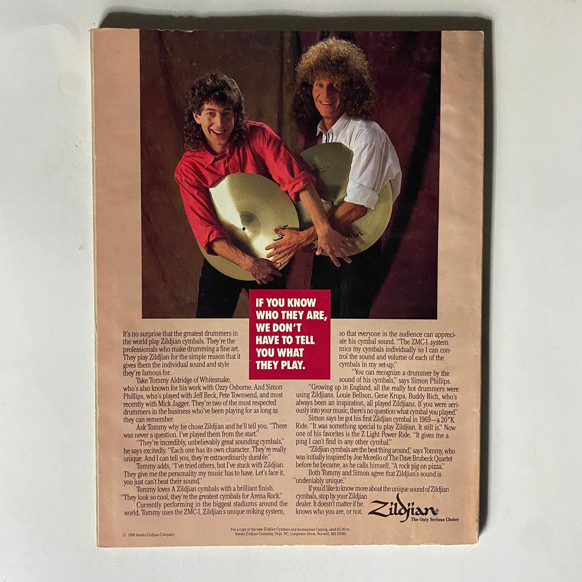 Back cover of VTG Modern Drummer Magazine January 1989 featuring Al Foster and Anders Johansson discussing Zildjian cymbals with colorful photography and informational text.