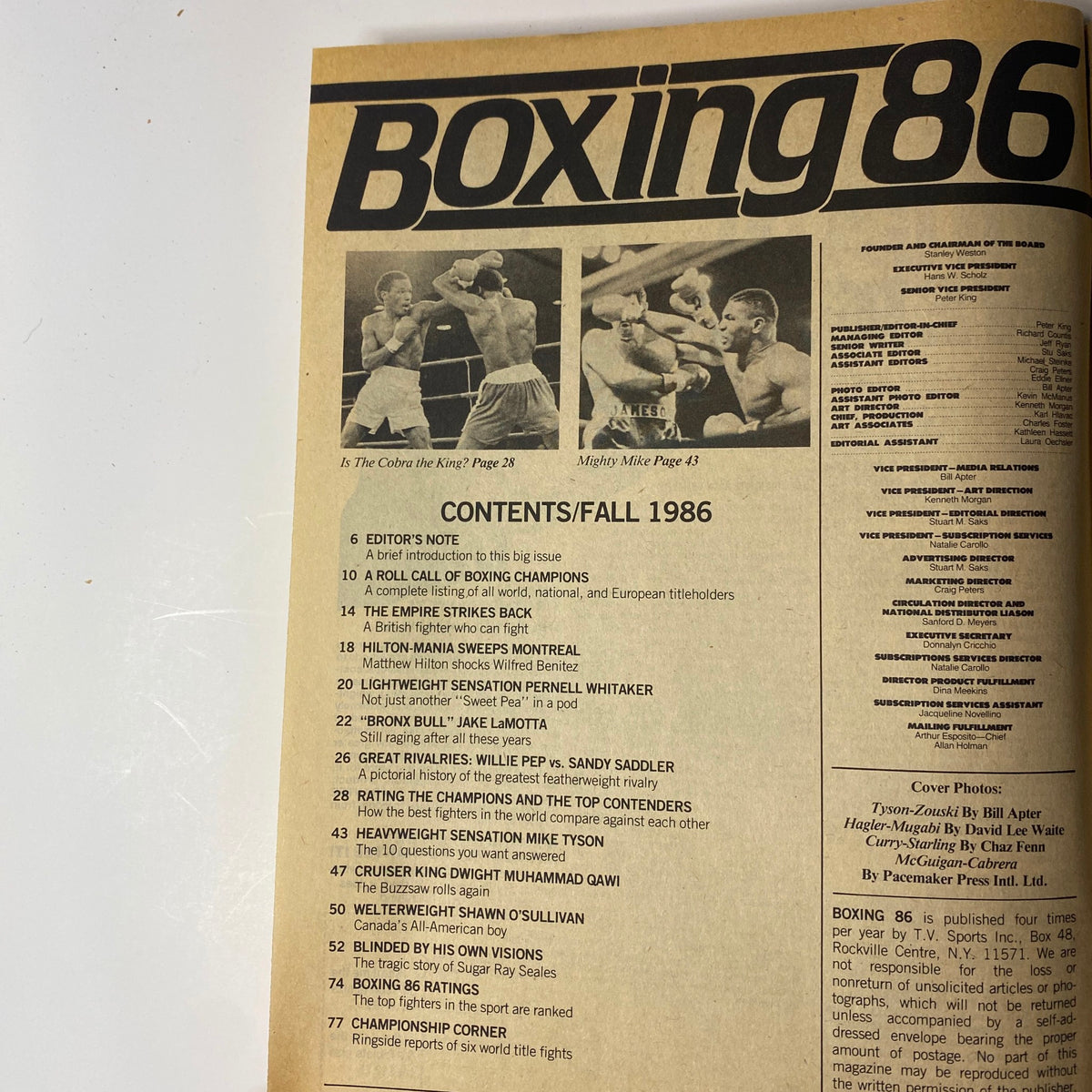 Contents page of Boxing ’86 Magazine, Fall 1986, detailing articles and features including profiles on champions like Marvin Hagler and John Mugabi, as well as notable boxing events and rankings of that era.