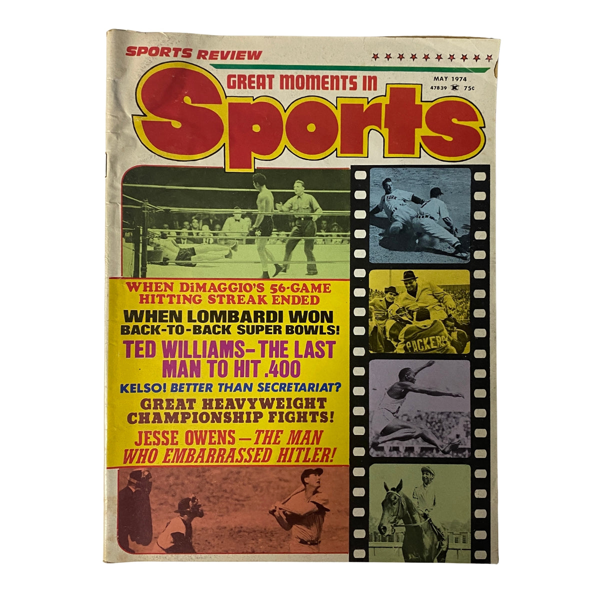 Cover of Sports Review Magazine from May 1974 titled 'The Great Moments in Sports'. Features headlines on iconic sports figures and events including Joe DiMaggio's 56-game hitting streak, Lombardi's back-to-back Super Bowl wins, and Jesse Owens' historical achievements.