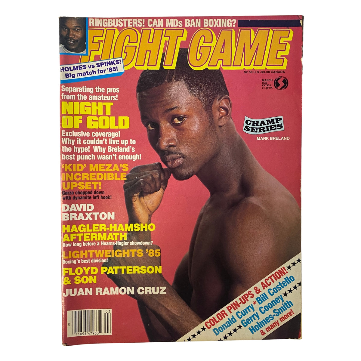 Fight Game Magazine March 1985 featuring Mark Breland on the cover. The magazine showcases boxing highlights and articles from the mid-1980s.