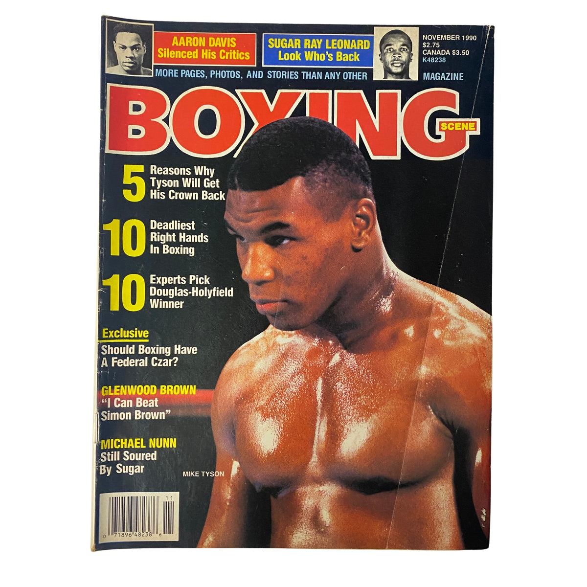 Boxing Scene Magazine November 1990 featuring Mike Tyson on the cover, highlighting articles on boxing predictions, Tyson's potential comeback, and the state of the sport during a pivotal time in boxing history.