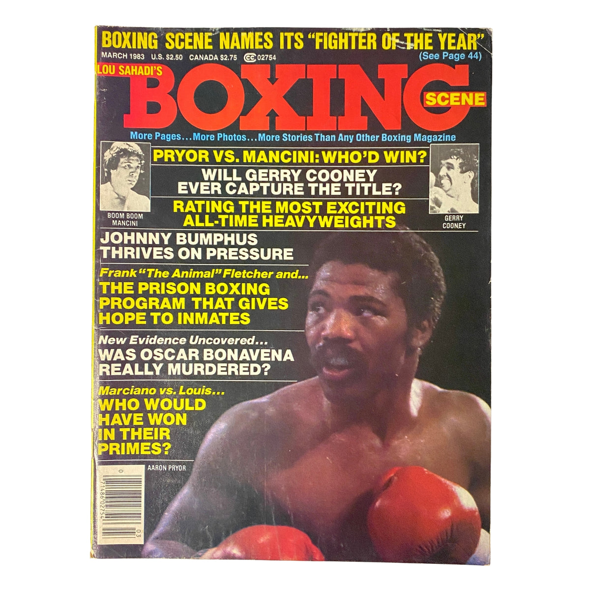 Cover of Boxing Scene Magazine March 1983 featuring Aaron Pryor and Gerry Cooney, highlighting boxing news and insights.