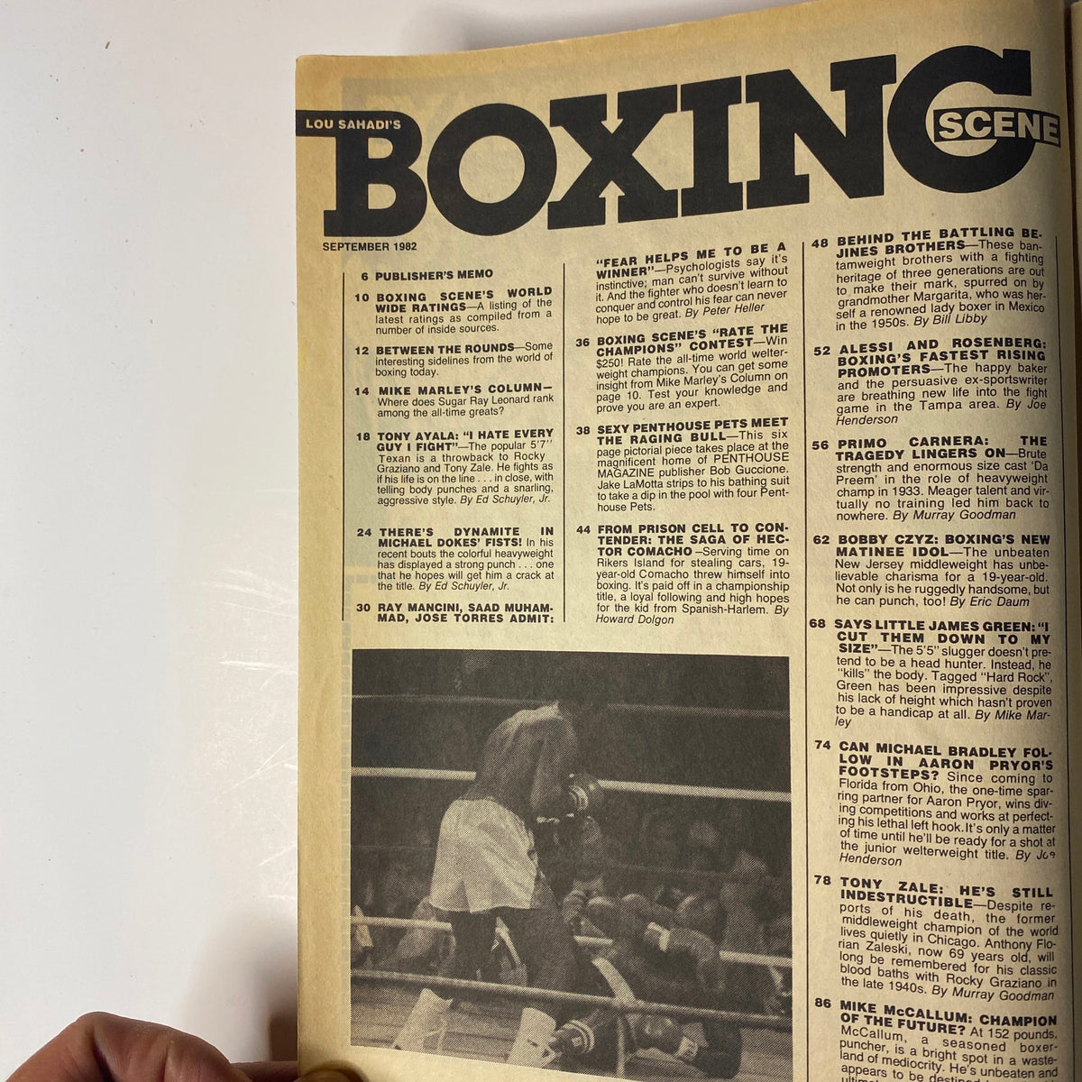 Inside page of Boxing Scene Magazine September 1982, displaying the contents including articles on boxing legends and insights into the sport's future stars.