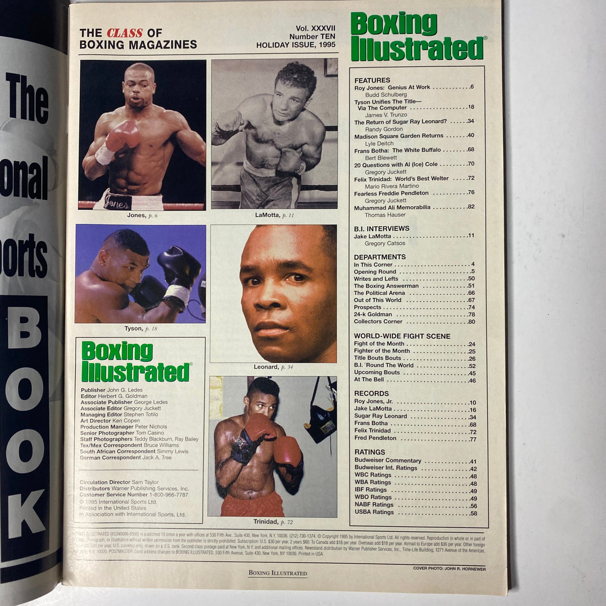Boxing Illustrated Magazine Holiday Issue 1995 featuring iconic boxers Roy Jones Jr., Mike Tyson, Sugar Ray Leonard, and Felix Trinidad. This issue highlights significant moments in boxing history and offers in-depth features and interviews.