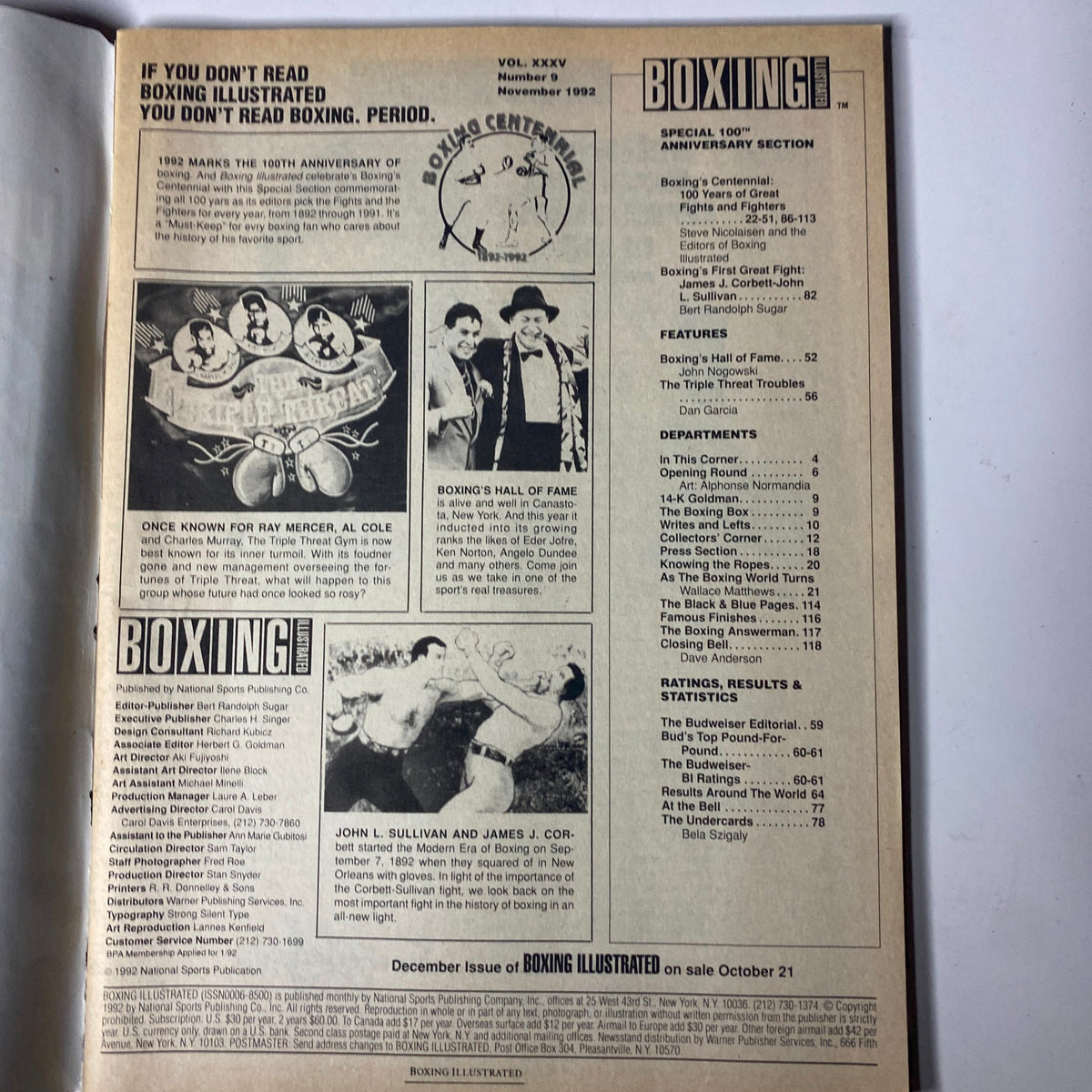 Inside page of Boxing Illustrated Magazine, November 1992 edition, featuring the anniversary section and mixed content including photos and headlines related to boxing history, emphasizing the centennial celebration of the sport.