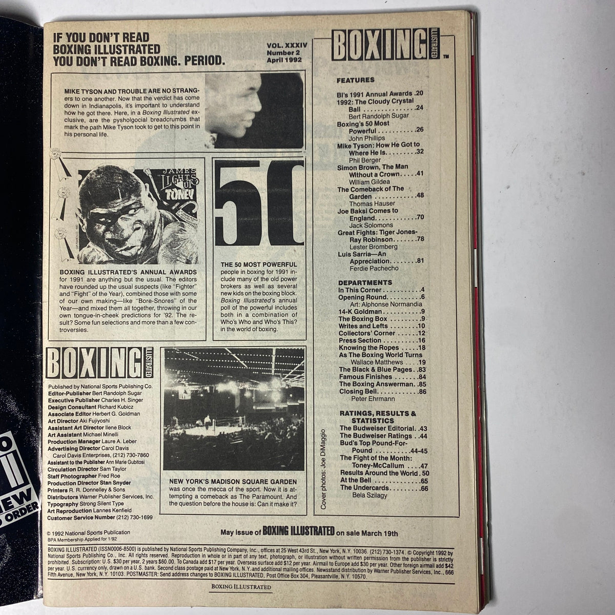 Interior page of Boxing Illustrated Magazine, April 1992, listing contents such as Annual Awards and significant boxing events. The page features details about Mike Tyson and the magazine's historical context.