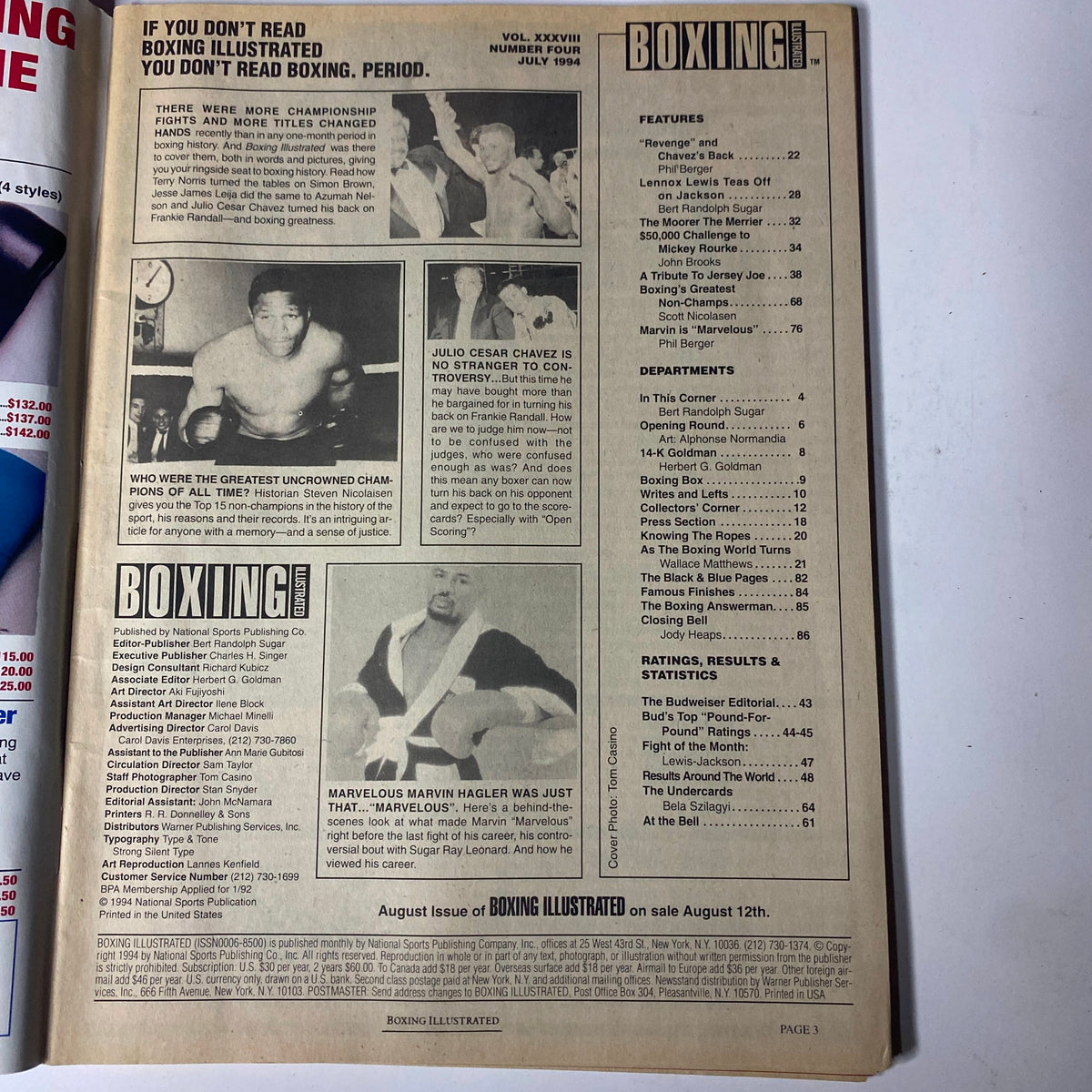 Inside page of Boxing Illustrated Magazine, July 1994 showcasing various boxing features, including a tribute to Marvin Hagler and a preview for the next issue.