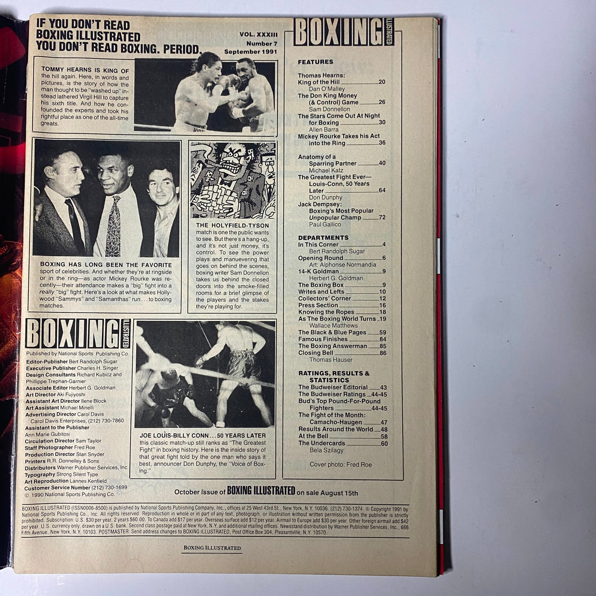 Inside page of Boxing Illustrated Magazine September 1991 outlining notable boxing articles, including a feature on Tommy Hearns and historical boxing events.