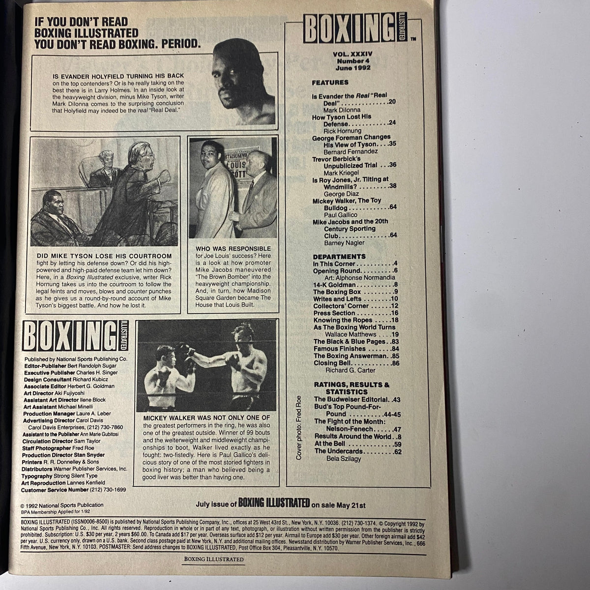 Interior page of Boxing Illustrated Magazine June 1992, detailing features on Evander Holyfield, Mike Tyson, and boxing history.