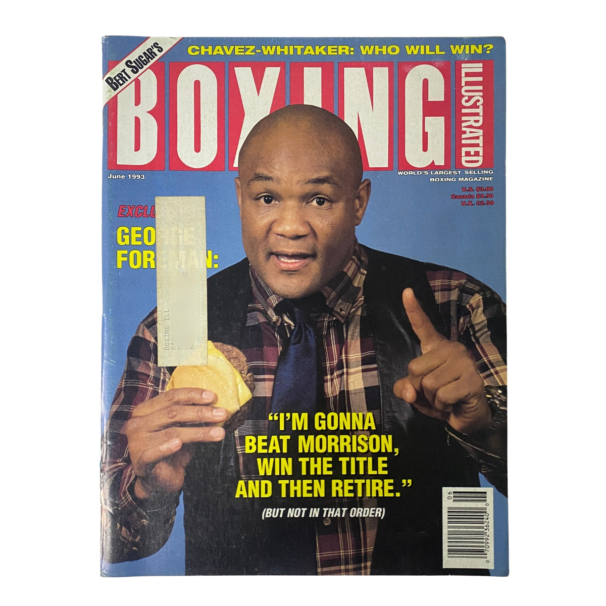 Boxing Illustrated Magazine cover from June 1993 featuring George Foreman holding a sandwich, discussing his comeback plans in the boxing world.