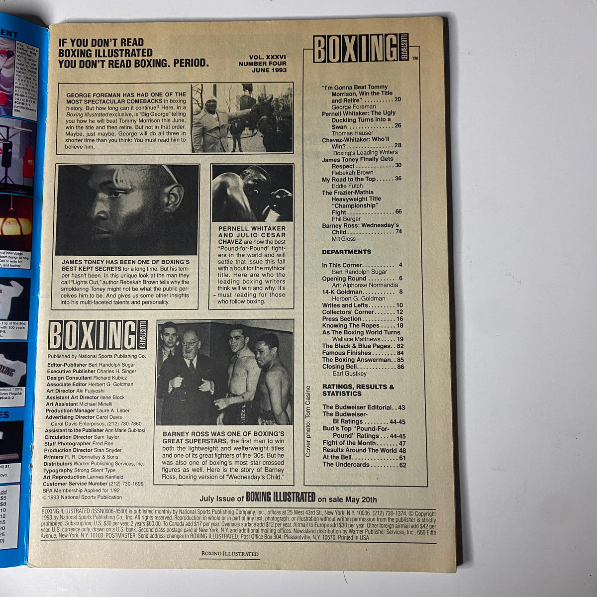 Inside page of Boxing Illustrated Magazine June 1993, highlighting articles on George Foreman, James Toney, and the anticipation for the Chávez–Whitaker fight.