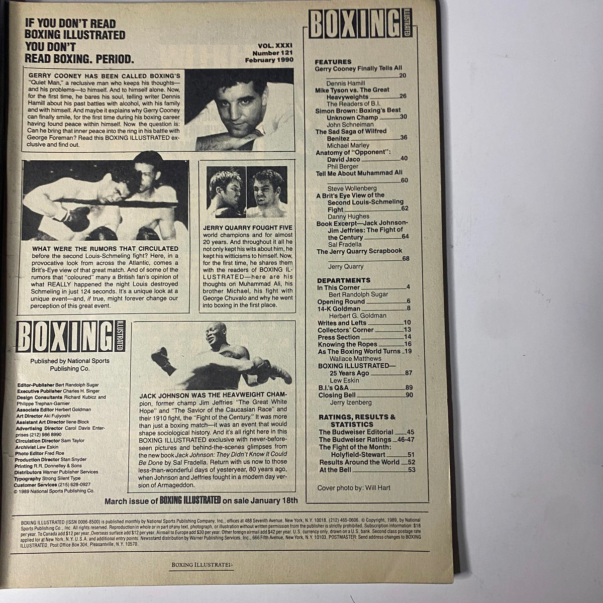 Back cover of Boxing Illustrated Magazine February 1990 showcasing promotional text and images related to boxing, including a reference to Gerry Cooney and other boxing legends.